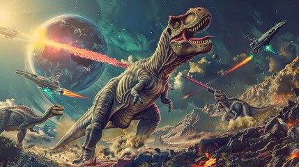 A playful depiction of a team of dinosaurs armed with laser guns defending the earth  AI generated illustration
