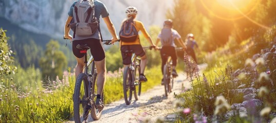 Group of cyclists riding together on a scenic gravel road in a picturesque countryside setting