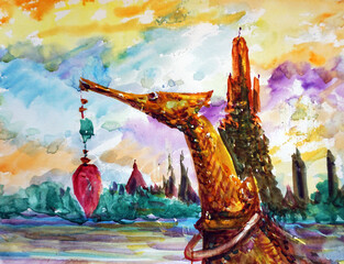 Original art painting  watercolor royal barge Thailand	