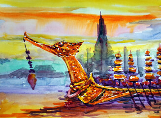 Original art painting  watercolor royal barge Thailand	