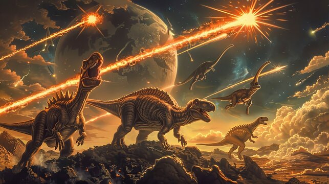 A playful depiction of a team of dinosaurs armed with laser guns defending the earth  AI generated illustration
