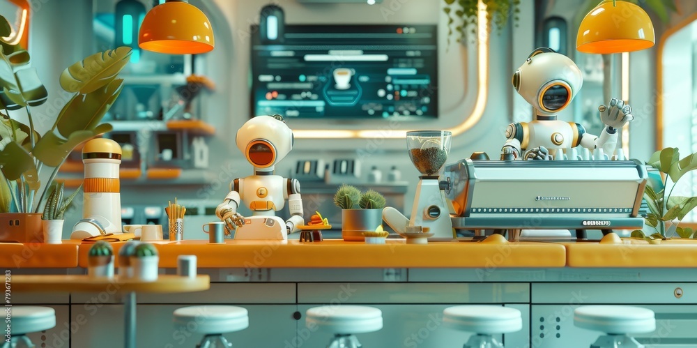 Aufkleber a quirky abstraction of a futuristic cafe with robotic baristas and digital menus ai generated illus