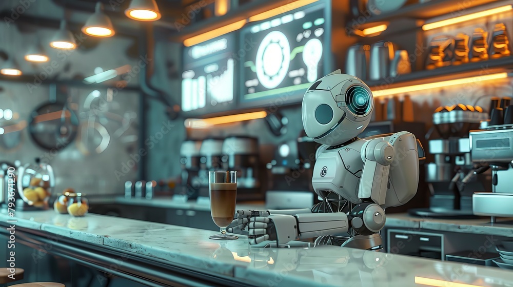 Aufkleber a quirky abstraction of a futuristic cafe with robotic baristas and digital menus ai generated illus
