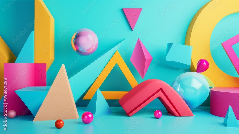 Poster a quirky and abstract 3d representation of a company rebranding with geometric shapes and vibrant hu