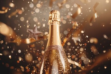 Champagne bottle with glittering confetti stars. A celebratory cava bottle surrounded by ribbons, and baubles on a color background, depicting festivity and luxury. Great design for postcard, banners