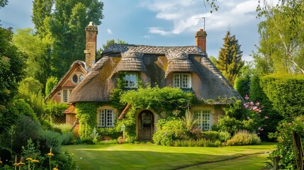 A quaint countryside cottage with a thatched roof  AI generated illustration - obrazy, fototapety, plakaty