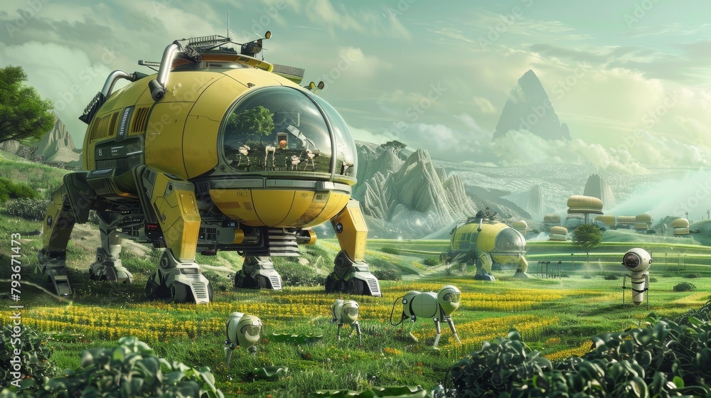 Poster a quirky interpretation of a futuristic farm with robotic animals and automated crop harvesters ai g