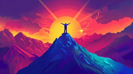 Triumphant Figure Radiating Energy atop Sunrise Mountain - obrazy, fototapety, plakaty