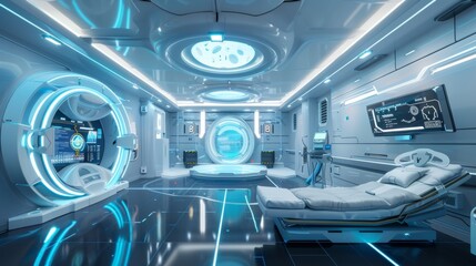 A quirky interpretation of a futuristic medical facility with high-tech equipment and virtual doctors  AI generated illustration