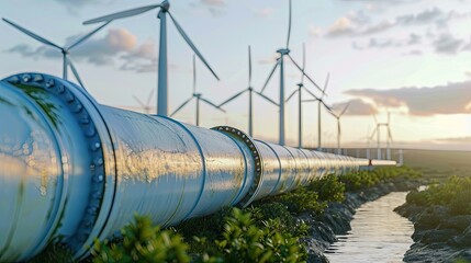 A hydrogen pipeline with wind turbines and in the background. Green hydrogen production concept