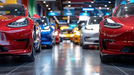An arrangement of multiple vehicles parked side by side in a showroom, showcasing a variety of car models and designs, group of modern electric cars of various models in a showroom