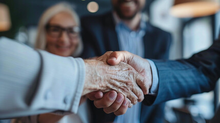 Senior couple and realtor sealing the deal in an office. Happy elderly clients shaking hands with male real estate agent after buying their dream home. Trusted advisor assisting in property purchase.