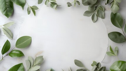 an empty white circle watercolor sheet of paper and carefully arranged green leaves on a light gray concrete background. Ensure the image has ample copy space for added flexibility in advertising - obrazy, fototapety, plakaty