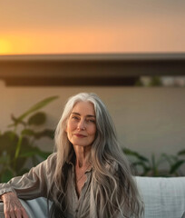 
mature lady smiling sitting in her garden at sunset