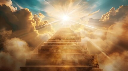 An inspiring image of a stairway leading upwards towards a radiant sun, with rays piercing through dynamic clouds against a blue sky.