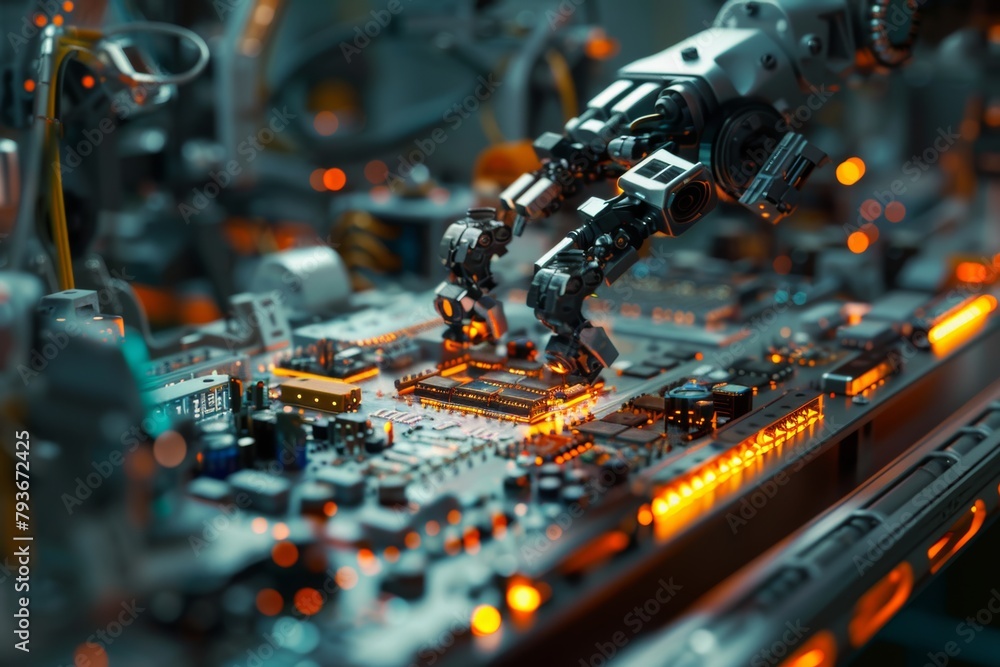 Poster ai-powered robotic arm assembling electronic components in a factory