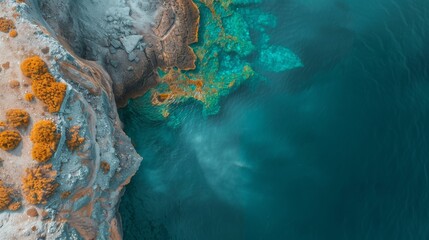 An overhead perspective capturing a large expanse of water and its surrounding landscape, cinematic shot from above of a turquoise sea and weathered cliffs