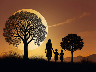 Mother and children line art illustration with sun and tree background. Image is generated with the use of an Artificial intelligence