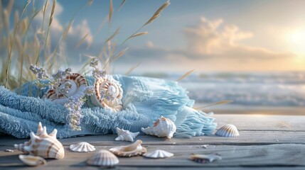 beach towel on a wooden platform with a seashell backdrop and soft summer light.Summer Breeze concept. - obrazy, fototapety, plakaty