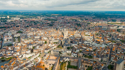 Ghent, Belgium. Cathedral of Saint Bavo. Panorama of the central city from the air. Cloudy weather,...
