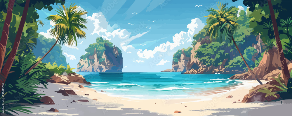 Poster a secluded beach with golden sands and crystal-clear waters, framed by rugged cliffs and swaying pal