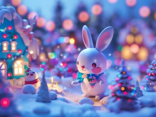 Obraz premium A magical winter scene featuring a charming rabbit amidst a colorful village with festive lights.