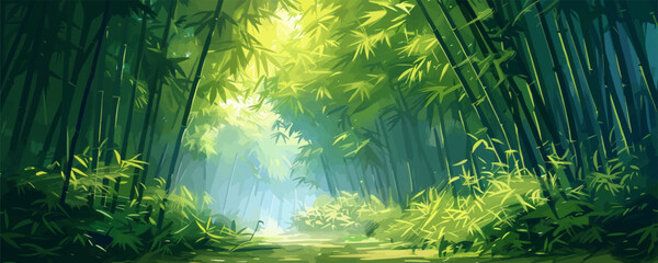 A tranquil bamboo forest with sunlight filtering through the dense canopy, casting dappled shadows on the forest floor. Vector flat minimalistic isolated illustration.