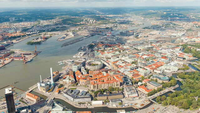 Gothenburg, Sweden. River Gota Alv and Rosenlund Canal. Panoramic view of the central part of the city. Summer day. Cloudy weather, Aerial View