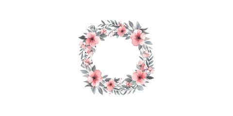 A pink floral wreath with empty space in the middle on a white background