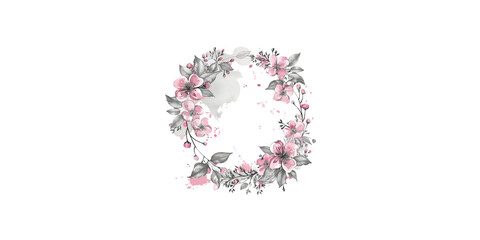 A pink floral wreath with empty space in the middle on a white background