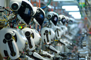 A humanoid robot assembles a product in an appliance factory. - obrazy, fototapety, plakaty