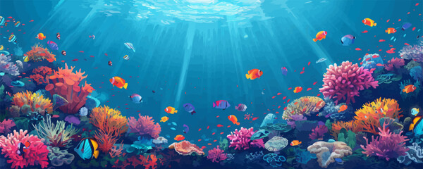 A vibrant coral reef teeming with colorful fish and marine life beneath the surface of the ocean. Vector flat minimalistic isolated illustration.