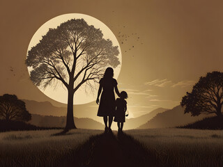 Mother and children line art illustration with sun and tree background. Image is generated with the use of an Artificial intelligence