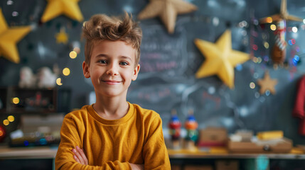 Confident young boy with arms crossed in a classroom decorated with stars and warm lights