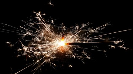 Closeup shot of beautiful sparkler burning and emitting bright sparks on black background
