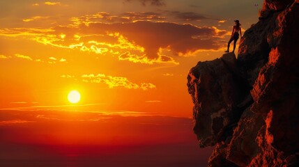 Against the backdrop of a setting sun, the woman climbing to the top of the mountain pauses to savor the beauty of the moment, her heart filled with gratitude for the journey.