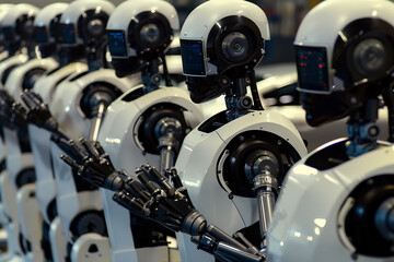 A humanoid robot assembles a product in an appliance factory.