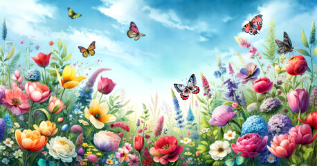 Obraz na płótnie Canvas Vibrant garden scene with red tulips and pink peonies under a rainbow with fluttering butterflies and a blue sky