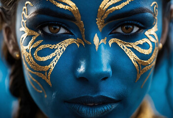 Intricate Golden Face Paint on Blue Skin Tone