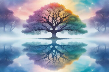 Colorful Fantasy Tree Reflection, Surreal Nature Scene, Vibrant Rainbow Tree with Mirror Effect, Peaceful Landscape, Dreamy Sky, Mystical Forest, Tranquil Environment, Scenic Beauty