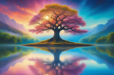 Illustration acrylic paint of a luxurious old branchy tree with a reflection in the lake in bright rich pink and blue colors, a fabulous landscape, setting sun, fog, stars. Tree of Life, Mother Earth