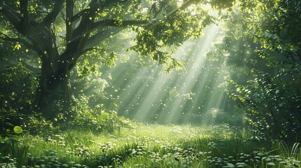 Mystical morning in a green forest with sunbeams piercing through the foliage illuminating dew drops