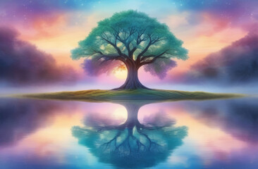 A tree with a massive trunk and a spreading green crown on a lake, river in the fog. Reflection in water, fabulous colors, pastel shades, Tree of Life. Setting, rising sun.