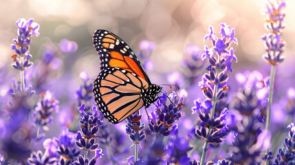beautiful butterfly resting on lavender on blurred lavender field background, close up, with empty copy space