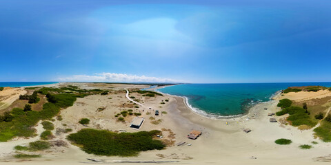 Coastline with beach and fishing boats. Paoay Sand Dunes, Ilocos Norte, Philippines. VR 360.