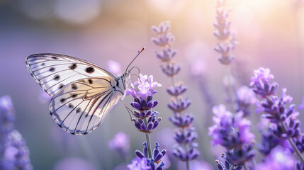 beautiful butterfly resting on lavender on blurred lavender field background, close up, with empty copy space