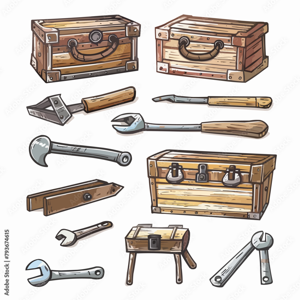 Poster tools box vector illustration set. carpentry toolkit sign in suitable for apps and websites ui desig