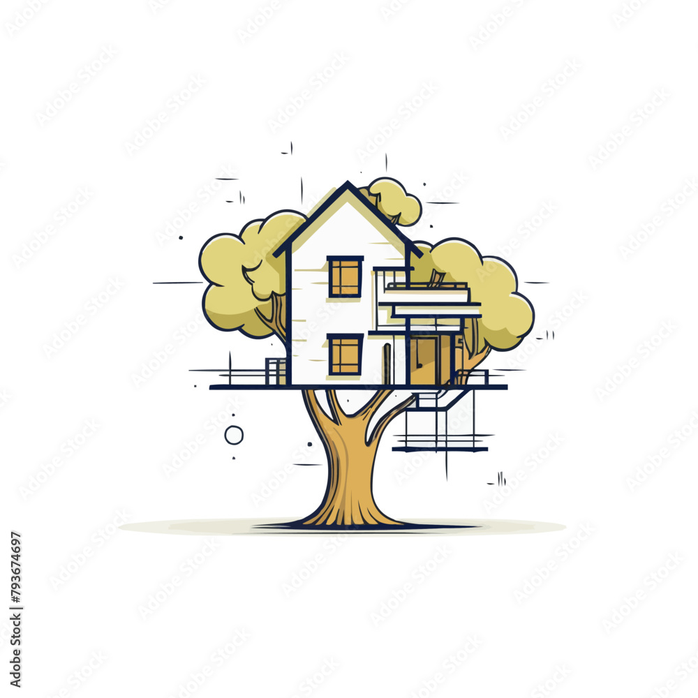 Poster treehouse | minimalist and simple line white background - vector illustration