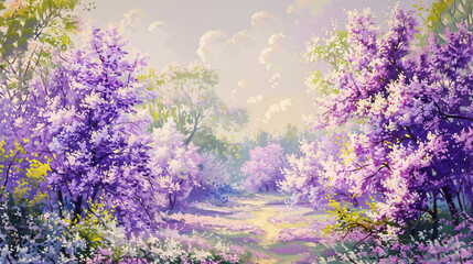 Beautiful landscape with spring flowers. Lilac trees 