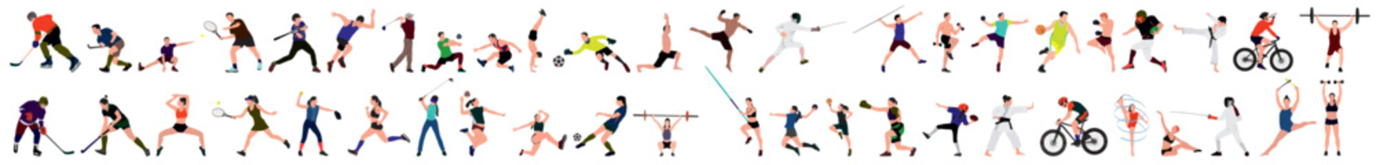 set of people doing different sports activity, set of sports person, exercising, healthy life